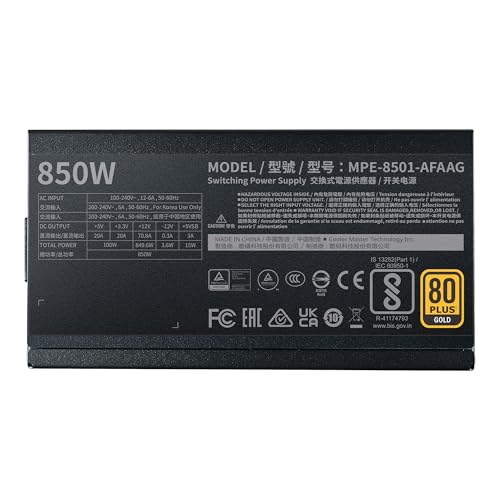 Cooler Master MWE Gold 850 V2 Full Modular, 850W, 80+ Gold Efficiency, 2 EPS Connectors, 120mm HDB Fan, Semi-fanless Operation, 5 Year Warranty