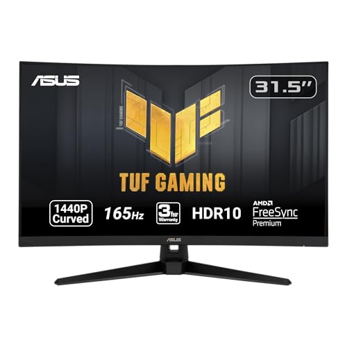 ASUS TUF Gaming 32" 1440P HDR Curved Monitor (VG32VQ1B) - QHD (2560 x 1440), 165Hz (Supports 144Hz), 1ms, Extreme Low Motion Blur, Speaker, FreeSync Premium, VESA Mountable, DisplayPort, HDMI,BLACK