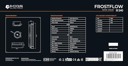 ID-COOLING FROSTFLOW X 240 CPU Water Cooler AIO Cooler 240mm CPU Liquid Cooler White LED 2x120mm PWM Fans, Intel 1700/1200/115X, AMD AM5/AM4