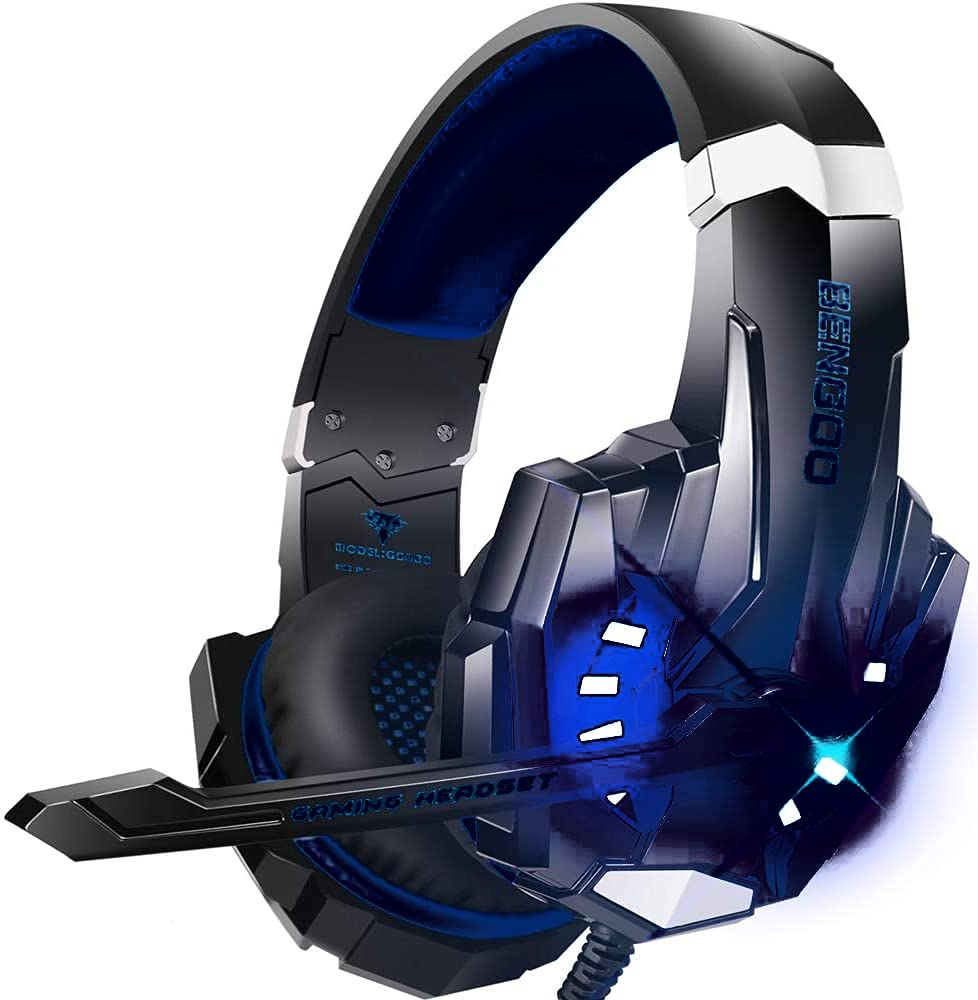 Auriculares estéreo para juegos BENGOO G9000 para PS4, PC, Xbox One, controlador PS5, auriculares con cancelación de ruido y micrófono, luz LED, graves envolventes, orejeras suaves con memoria (azul) 