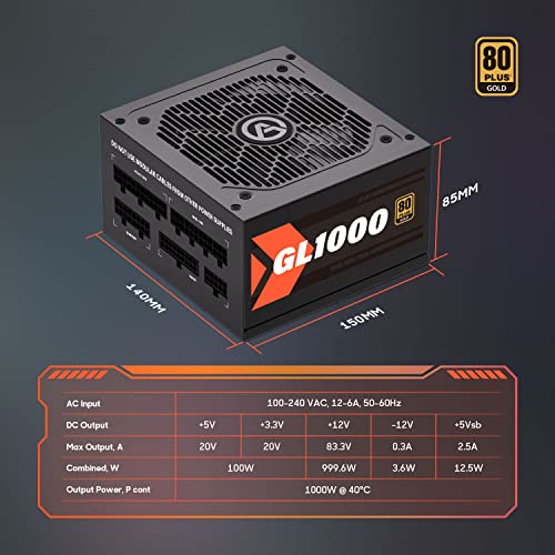 AGT Series 1000W Power Supply, 80+ Gold Certified, Fully Modular, FDB Fan, Compact 140mm Size, 10 Year Warranty, ATX Gaming Power Supply