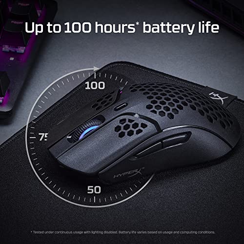 HyperX Pulsefire Haste – Wireless Gaming Mouse – Ultra Lightweight, 61g, 100 Hour Battery Life, 2.4Ghz Wireless, Honeycomb Shell, Hex Design, Up to 16000 DPI, 6 Programmable Buttons – Black, 4P5D7AA