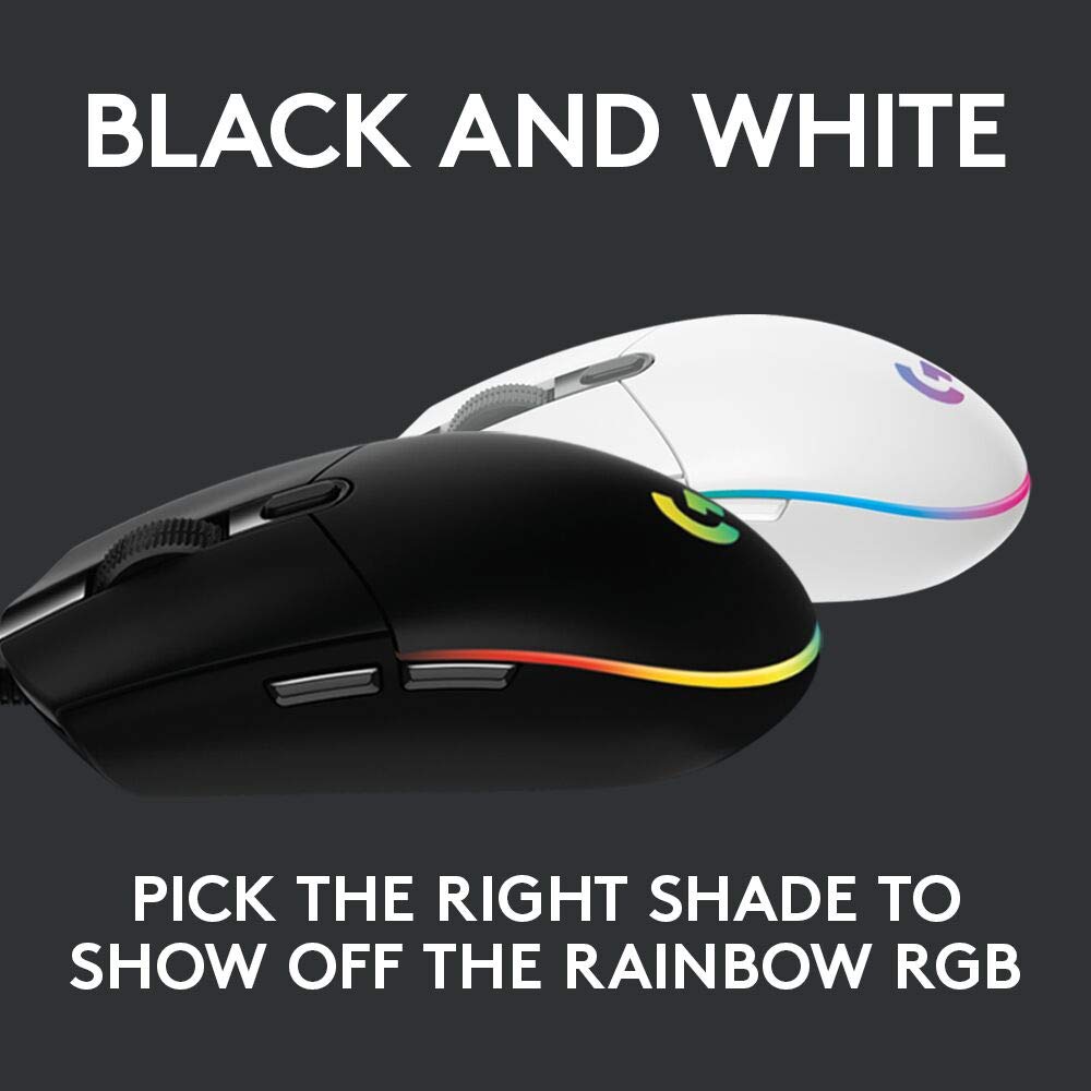 Logitech G203 Wired Gaming Mouse, 8,000 DPI, Rainbow Optical Effect LIGHTSYNC RGB, 6 Programmable Buttons, On-Board Memory, Screen Mapping, PC/Mac Computer and Laptop Compatible - Black