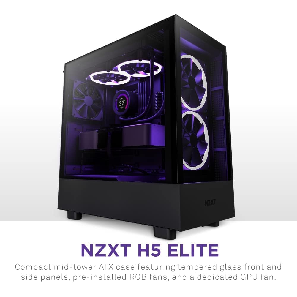 NZXT H5 Flow Compact ATX Mid-Tower PC Gaming Case – High Airflow Perforated Tempered Glass Front/Side Panel – Cable Management – 2 x 120mm Fans Included – 280mm Radiator Support – Black