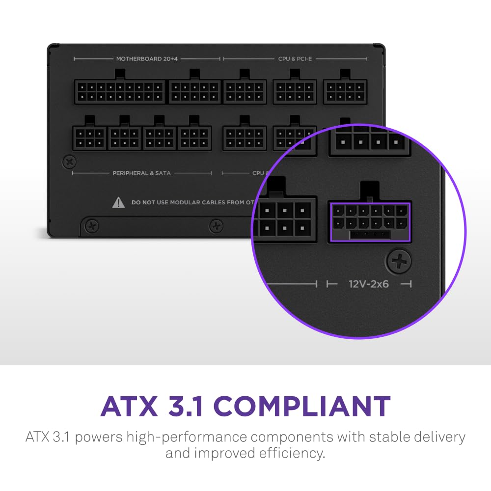 NZXT C1000 Gold ATX 3.1 - Fully Modular Low-Noise PC Gaming Power Supply - 1000 Watts - 80 Plus Gold - 12V-2x6 Connector - Zero Fan Mode - 100% Japanese Capacitors - Black