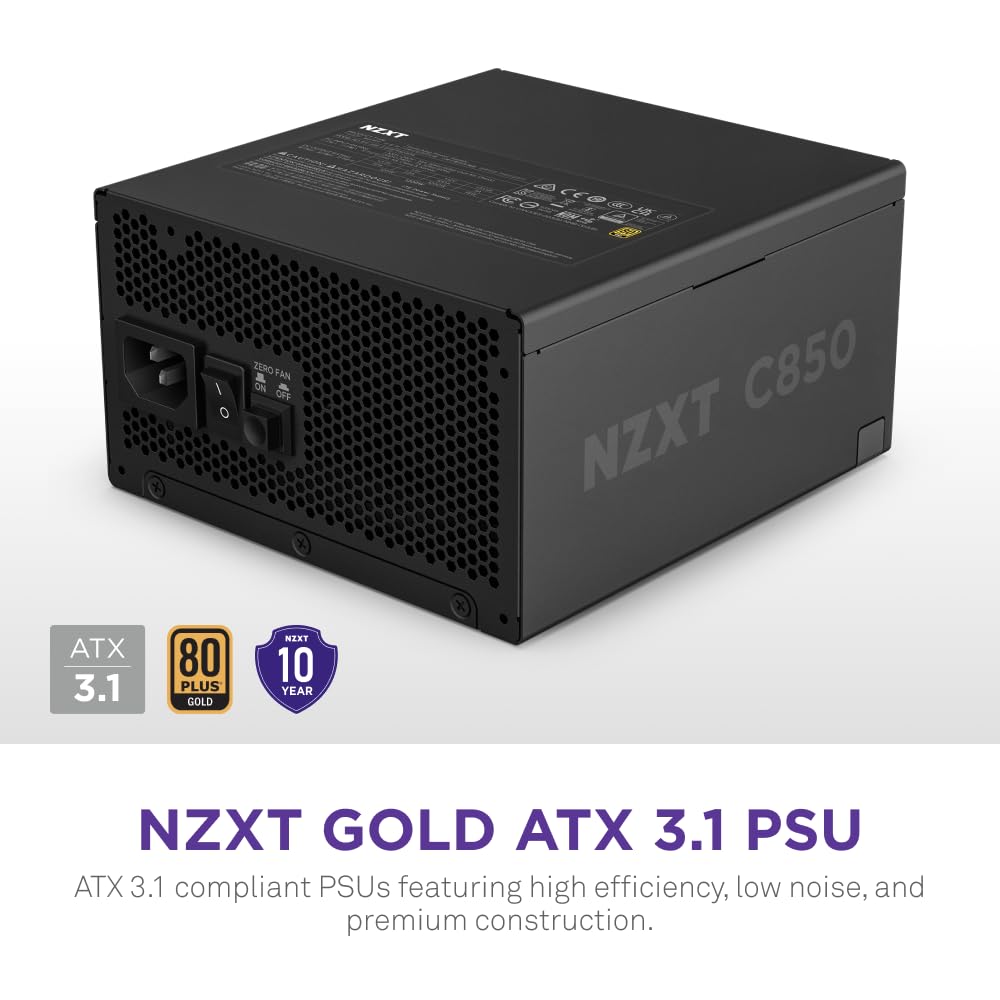 NZXT C1000 Gold ATX 3.1 - Fully Modular Low-Noise PC Gaming Power Supply - 1000 Watts - 80 Plus Gold - 12V-2x6 Connector - Zero Fan Mode - 100% Japanese Capacitors - Black