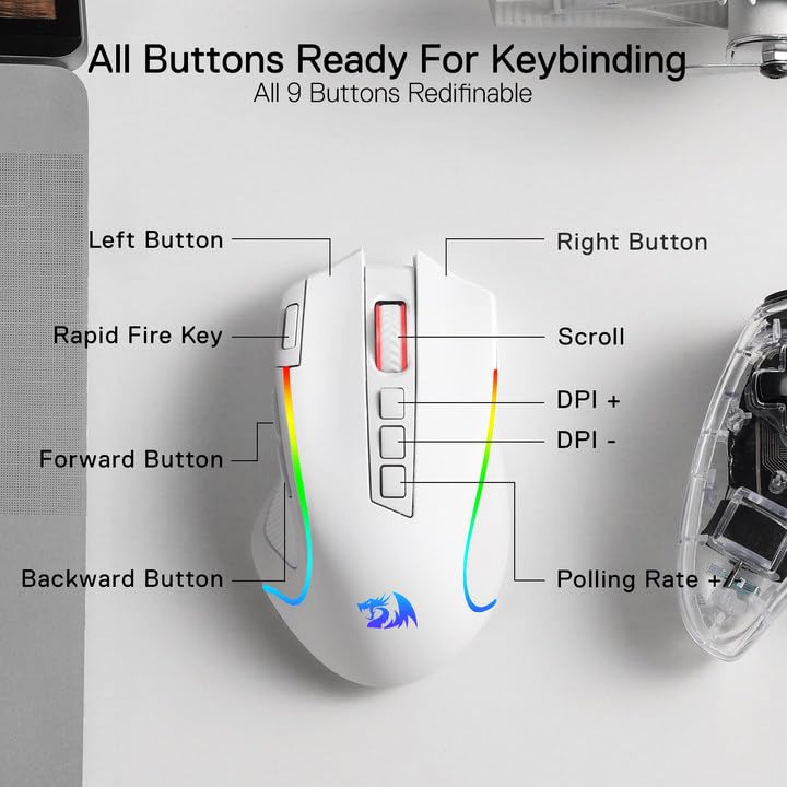 Ratón para juegos Redragon M612 Predator RGB, ratón óptico con cable de 8000 DPI con 11 botones programables y 5 modos de retroiluminación, software compatible con combinaciones de teclas DIY, botón de disparo rápido 