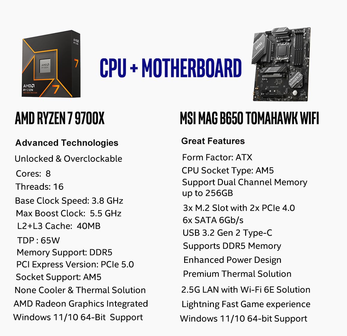 Procesador de escritorio desbloqueado Micro Center AMD Ryzen 7 9700X de 8 núcleos y 16 subprocesos con placa base para juegos MAG B650 Tomahawk WiFi AM5 DDR5 