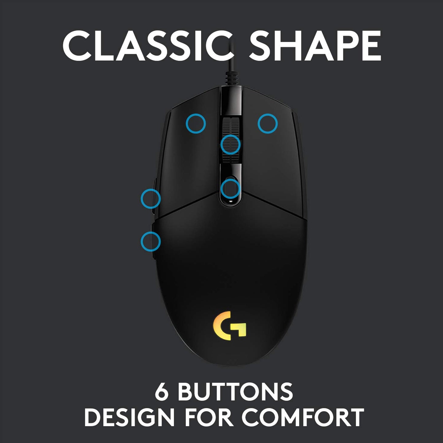 Logitech G203 Wired Gaming Mouse, 8,000 DPI, Rainbow Optical Effect LIGHTSYNC RGB, 6 Programmable Buttons, On-Board Memory, Screen Mapping, PC/Mac Computer and Laptop Compatible - Black