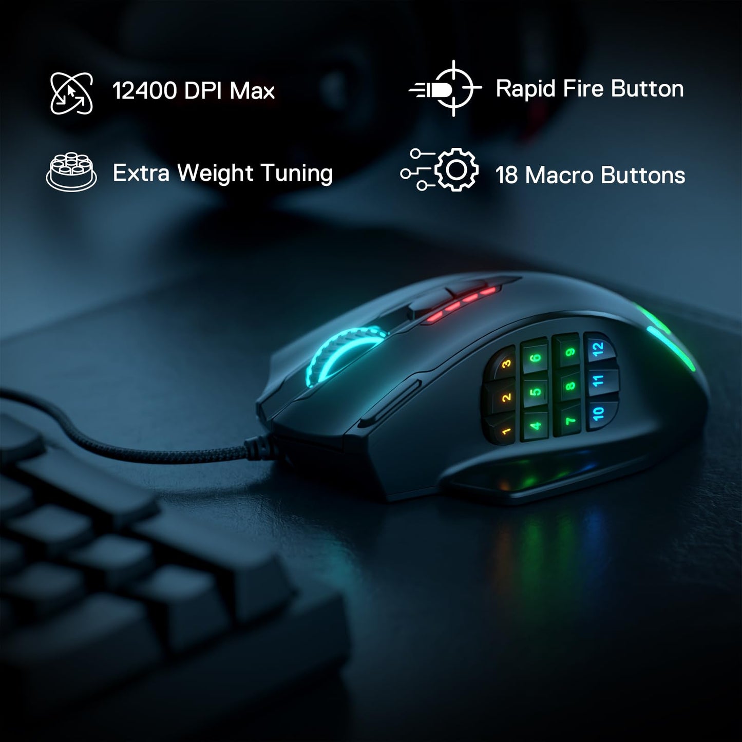 Redragon M908 Impact RGB LED MMO Gaming Mouse with 12 Side Buttons, Optical Wired Ergonomic Mouse with Max 12,400DPI, High Precision, 18 Programmable Macro Shortcuts, Comfort Grip