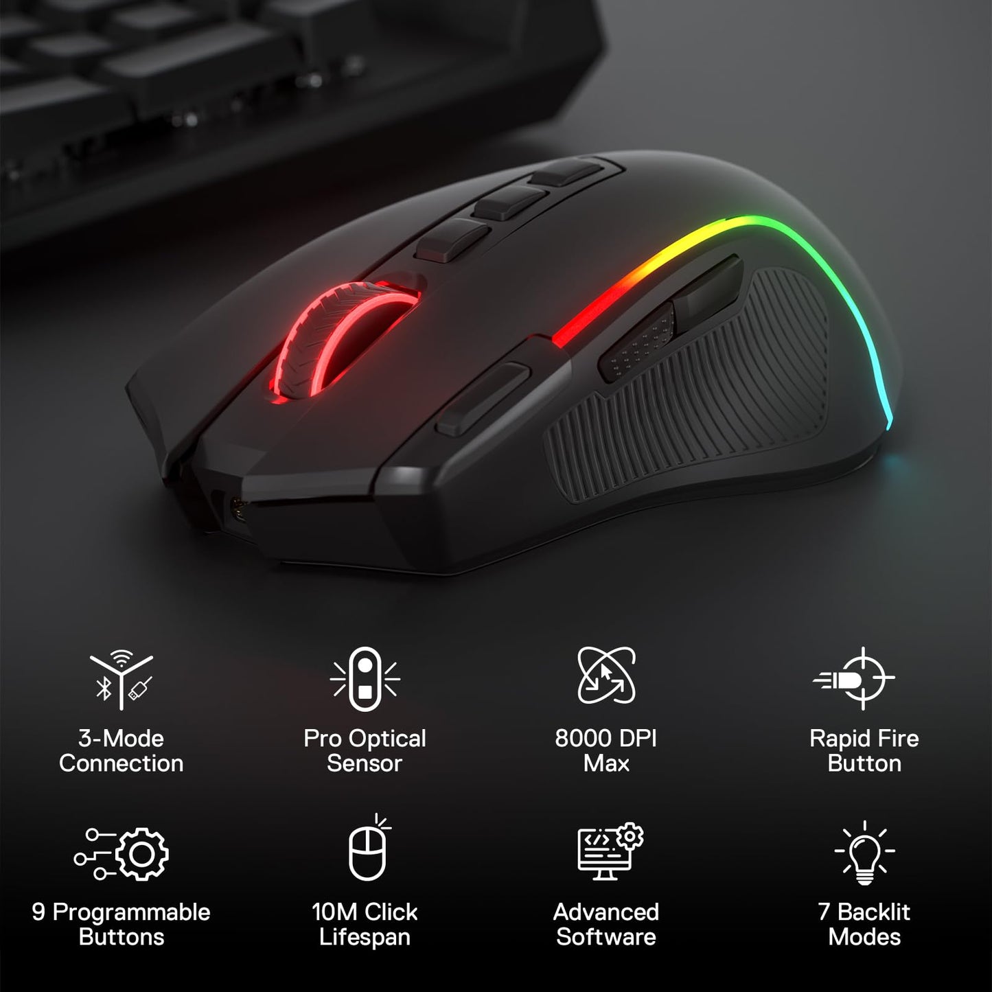 Ratón para juegos Redragon M612 Predator RGB, ratón óptico con cable de 8000 DPI con 11 botones programables y 5 modos de retroiluminación, software compatible con combinaciones de teclas DIY, botón de disparo rápido 