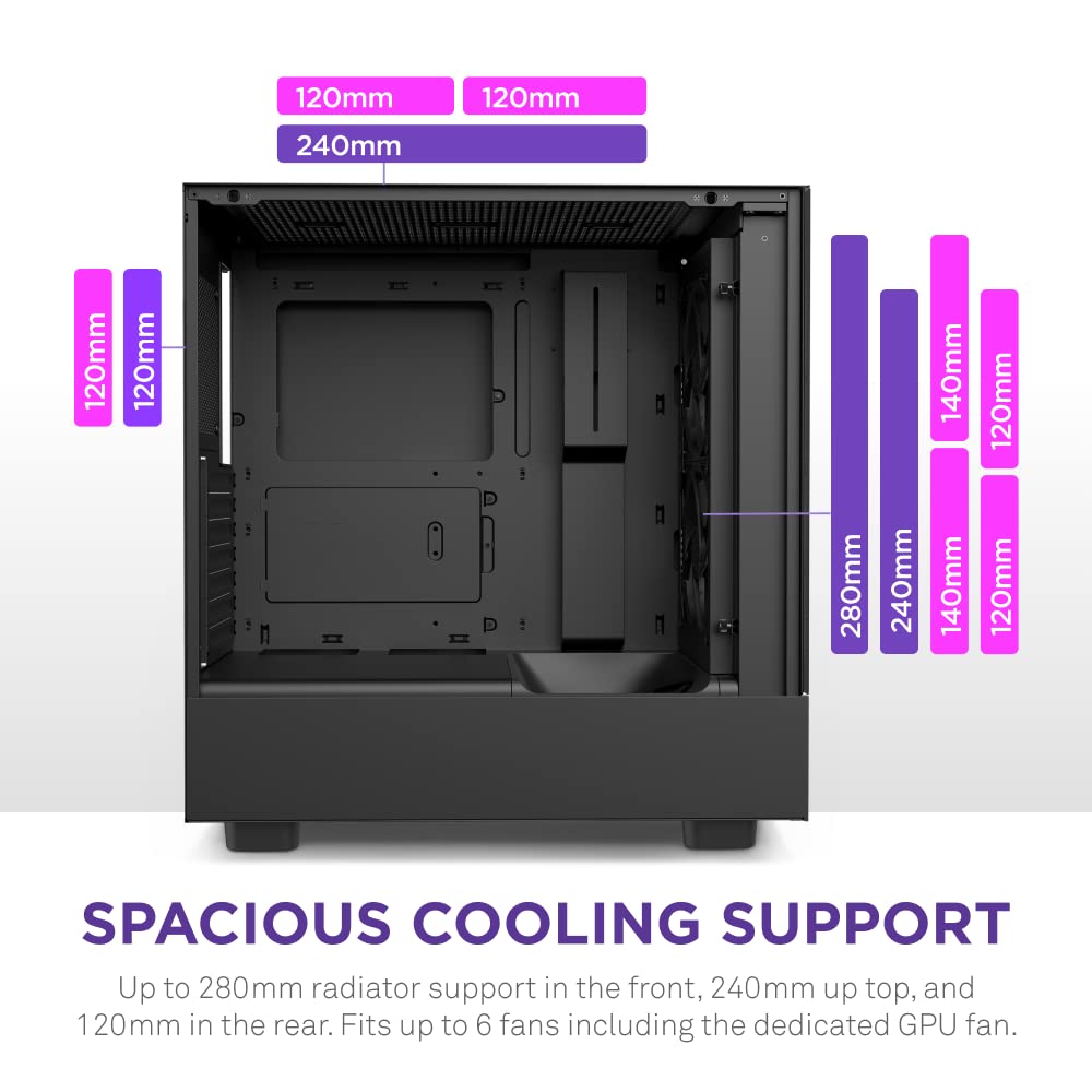 NZXT H5 Flow Compact ATX Mid-Tower PC Gaming Case – High Airflow Perforated Tempered Glass Front/Side Panel – Cable Management – 2 x 120mm Fans Included – 280mm Radiator Support – Black