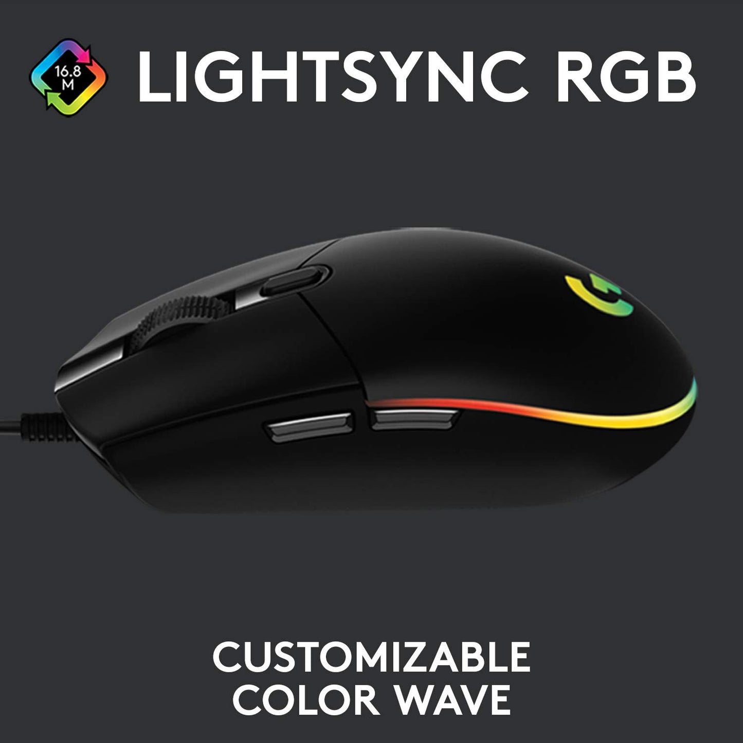 Logitech G203 Wired Gaming Mouse, 8,000 DPI, Rainbow Optical Effect LIGHTSYNC RGB, 6 Programmable Buttons, On-Board Memory, Screen Mapping, PC/Mac Computer and Laptop Compatible - Black