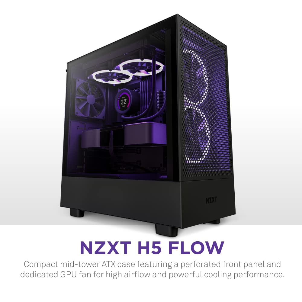 NZXT H5 Flow Compact ATX Mid-Tower PC Gaming Case – High Airflow Perforated Tempered Glass Front/Side Panel – Cable Management – 2 x 120mm Fans Included – 280mm Radiator Support – Black