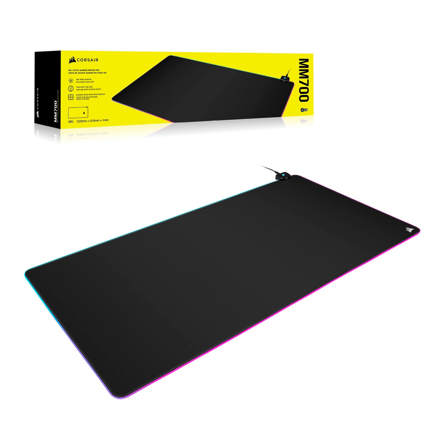 Alfombrilla de ratón para juegos de tela extendida CORSAIR MM700 RGB - 36,6" x 15,8" - Iluminación RGB de 360° - Hub con dos puertos USB - Goma gruesa - Negro 