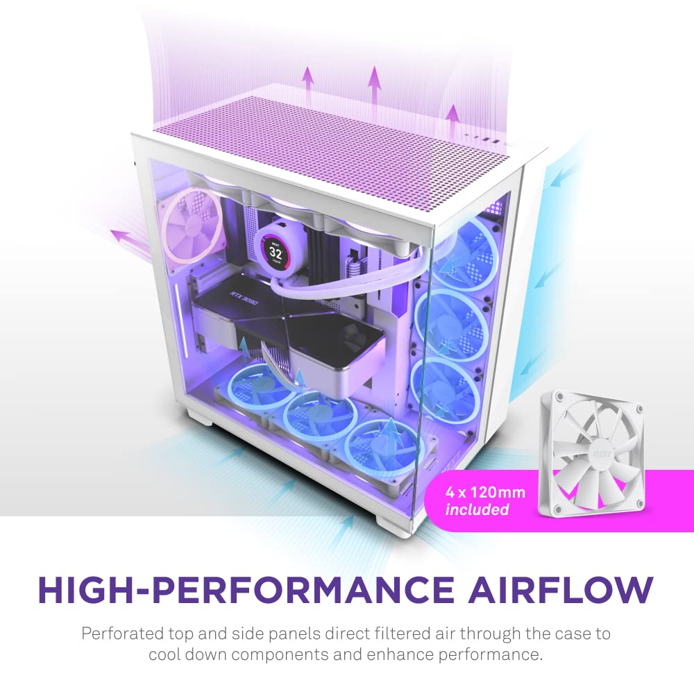 NZXT H9 Flow Dual-Chamber ATX Mid-Tower PC Gaming Case – High-Airflow Perforated Top Panel – Tempered Glass Front & Side Panels – 360mm Radiator Support – Cable Management – Black