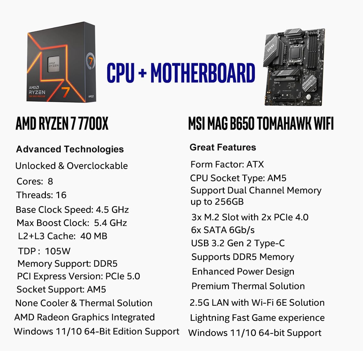 Procesador de escritorio desbloqueado AMD Ryzen 7 7700X de 8 núcleos y 16 subprocesos AM5 de 5,4 GHz con placa base MSI PRO B650-P WiFi ProSeries (AMD AM5, ATX, DDR5, PCIe 4.0) INLAND Micro Center 