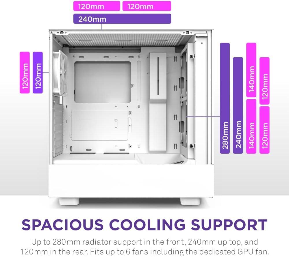 NZXT H5 Flow Compact ATX Mid-Tower PC Gaming Case – High Airflow Perforated Tempered Glass Front/Side Panel – Cable Management – 2 x 120mm Fans Included – 280mm Radiator Support – Black