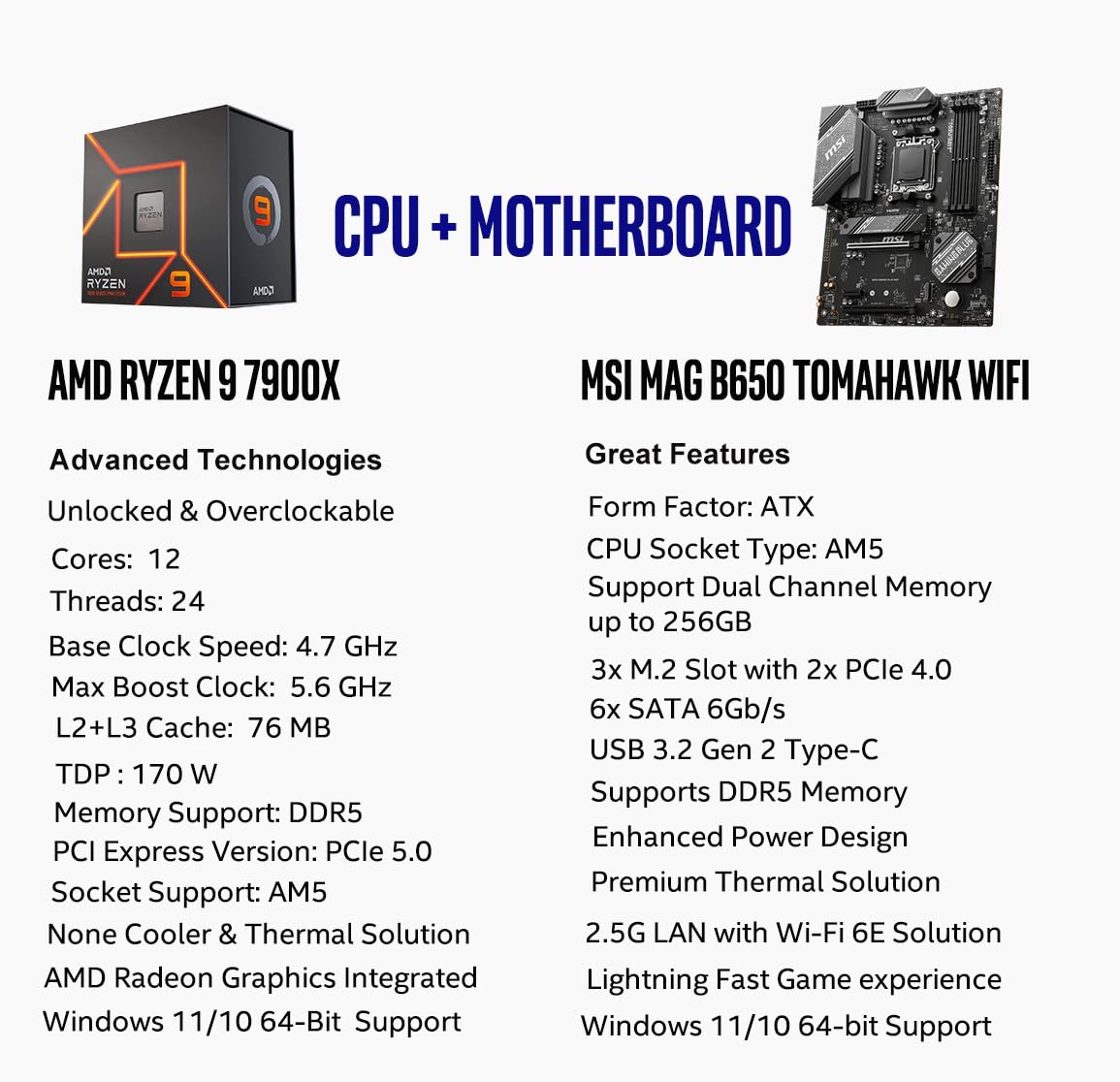 Procesador de escritorio desbloqueado AMD Ryzen 7 7700X de 8 núcleos y 16 subprocesos AM5 de 5,4 GHz con placa base MSI PRO B650-P WiFi ProSeries (AMD AM5, ATX, DDR5, PCIe 4.0) INLAND Micro Center 