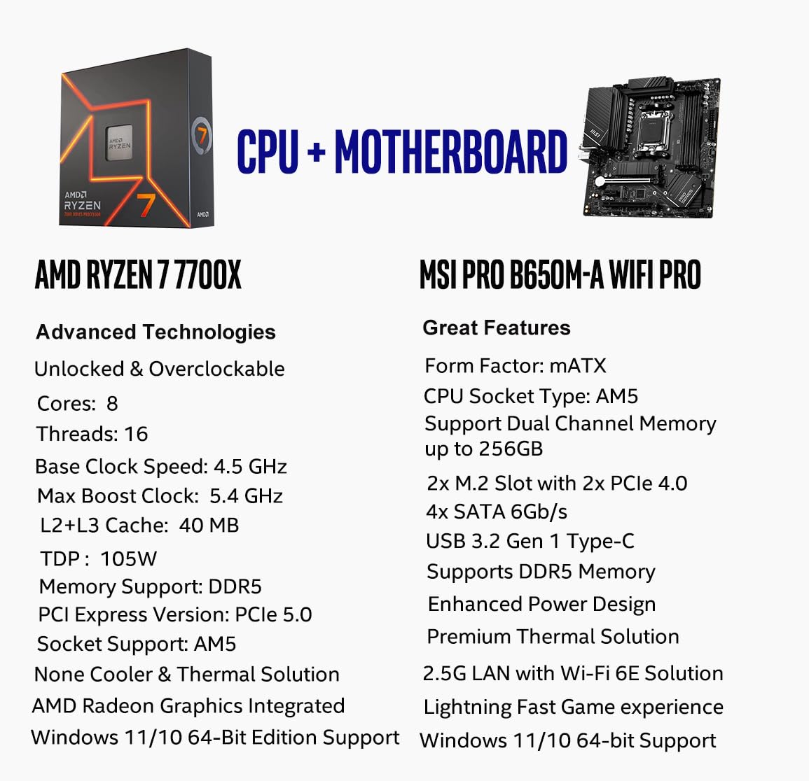 Procesador de escritorio desbloqueado AMD Ryzen 7 7700X de 8 núcleos y 16 subprocesos AM5 de 5,4 GHz con placa base MSI PRO B650-P WiFi ProSeries (AMD AM5, ATX, DDR5, PCIe 4.0) INLAND Micro Center 