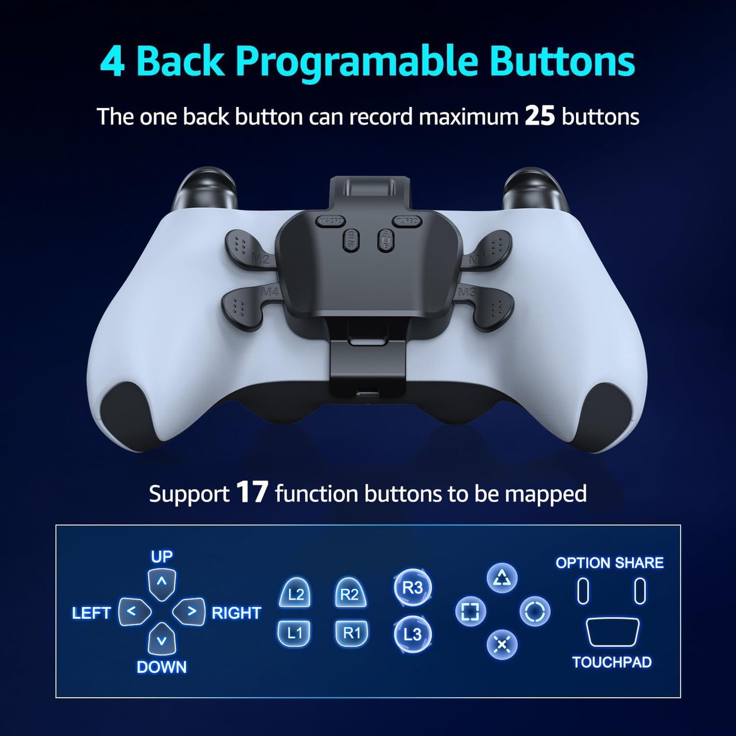 Plug and Play Paddles for PS5 Controller, 4 Back Buttons Attachment Programmable for PS-5 Console/Windows PC/Steam/Mac/Android TV, Support Turbo, Key Swap, Programable Functions