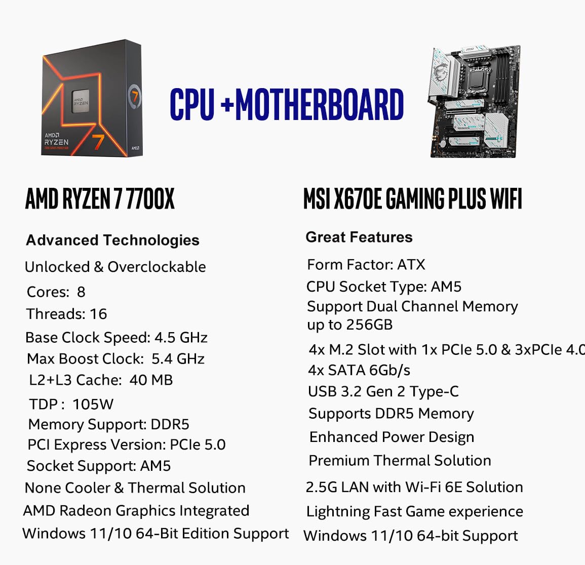 Procesador de escritorio desbloqueado AMD Ryzen 7 7700X de 8 núcleos y 16 subprocesos AM5 de 5,4 GHz con placa base MSI PRO B650-P WiFi ProSeries (AMD AM5, ATX, DDR5, PCIe 4.0) INLAND Micro Center 