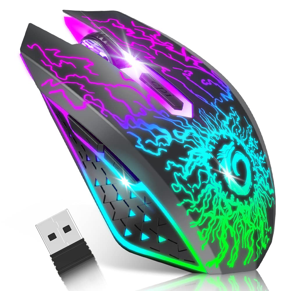 VersionTECH. Wireless Gaming Mouse, Rechargeable Computer Mouse Mice with Colorful LED Lights, Silent Click, 2.4G USB Nano Receiver, 3 Level DPI for PC Gamer Laptop Desktop Chromebook Mac-Black