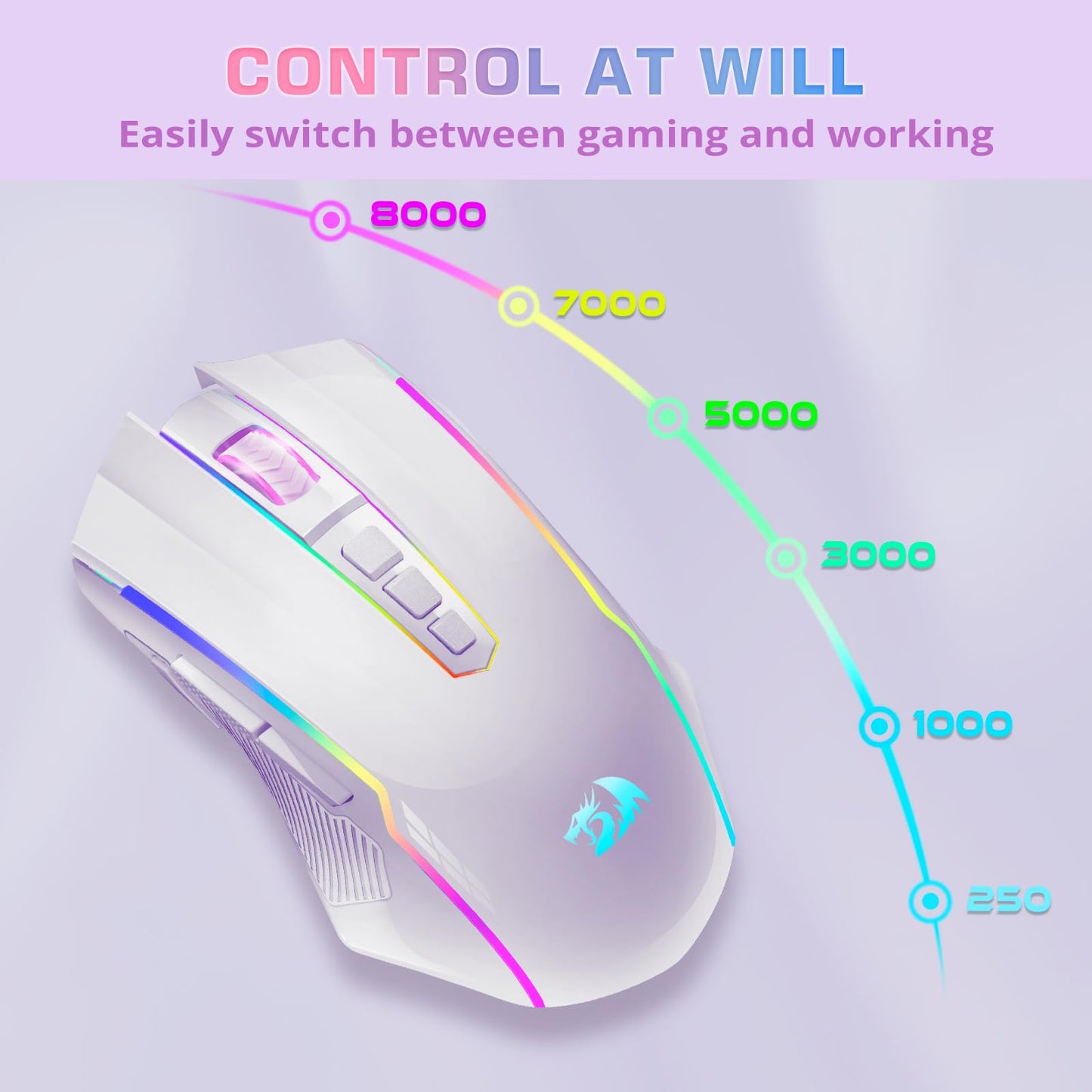 Redragon Gaming Mouse, Wireless Mouse Gaming with 8000 DPI, PC Gaming Mice with Fire Button, RGB Backlit Programmable Ergonomic Mouse Gamer, Rechargeable, 70Hrs for Windows, Mac Gamer, Black