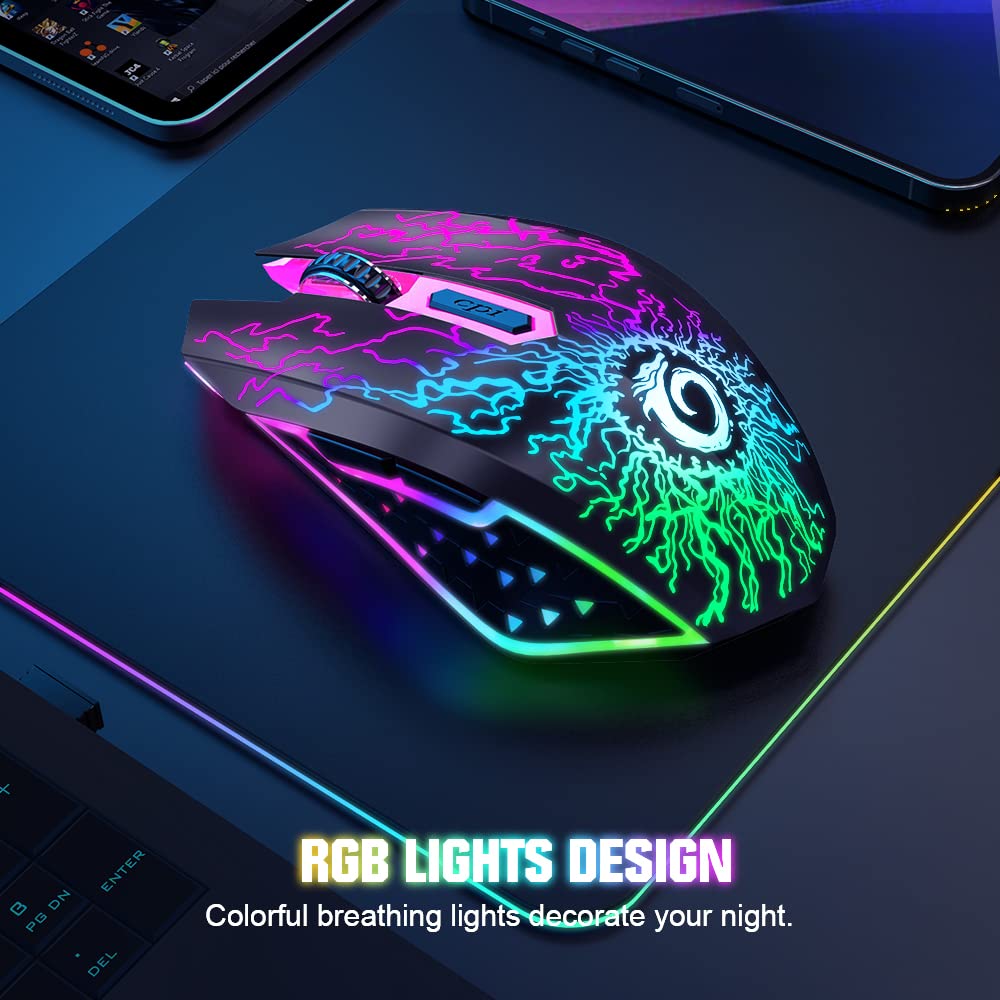 VersionTECH. Wireless Gaming Mouse, Rechargeable Computer Mouse Mice with Colorful LED Lights, Silent Click, 2.4G USB Nano Receiver, 3 Level DPI for PC Gamer Laptop Desktop Chromebook Mac-Black