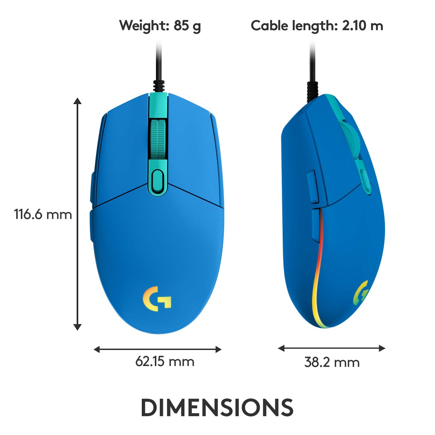 Logitech G203 Wired Gaming Mouse, 8,000 DPI, Rainbow Optical Effect LIGHTSYNC RGB, 6 Programmable Buttons, On-Board Memory, Screen Mapping, PC/Mac Computer and Laptop Compatible - Black