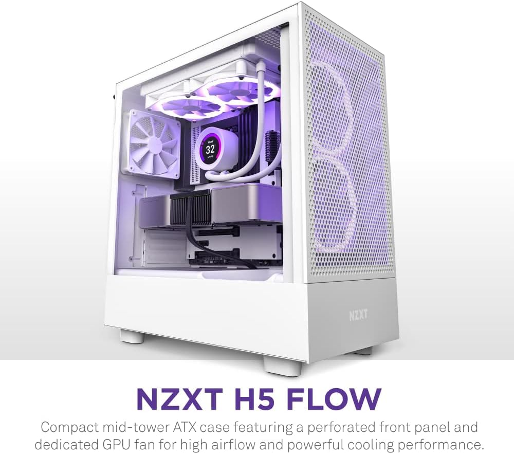 NZXT H5 Flow Compact ATX Mid-Tower PC Gaming Case – High Airflow Perforated Tempered Glass Front/Side Panel – Cable Management – 2 x 120mm Fans Included – 280mm Radiator Support – Black