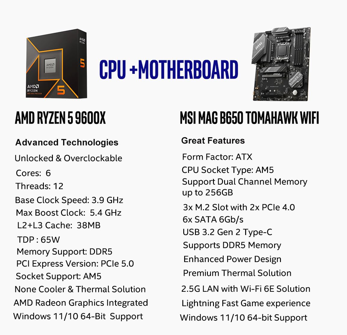 Procesador de escritorio desbloqueado Micro Center AMD Ryzen 7 9700X de 8 núcleos y 16 subprocesos con placa base para juegos MAG B650 Tomahawk WiFi AM5 DDR5 