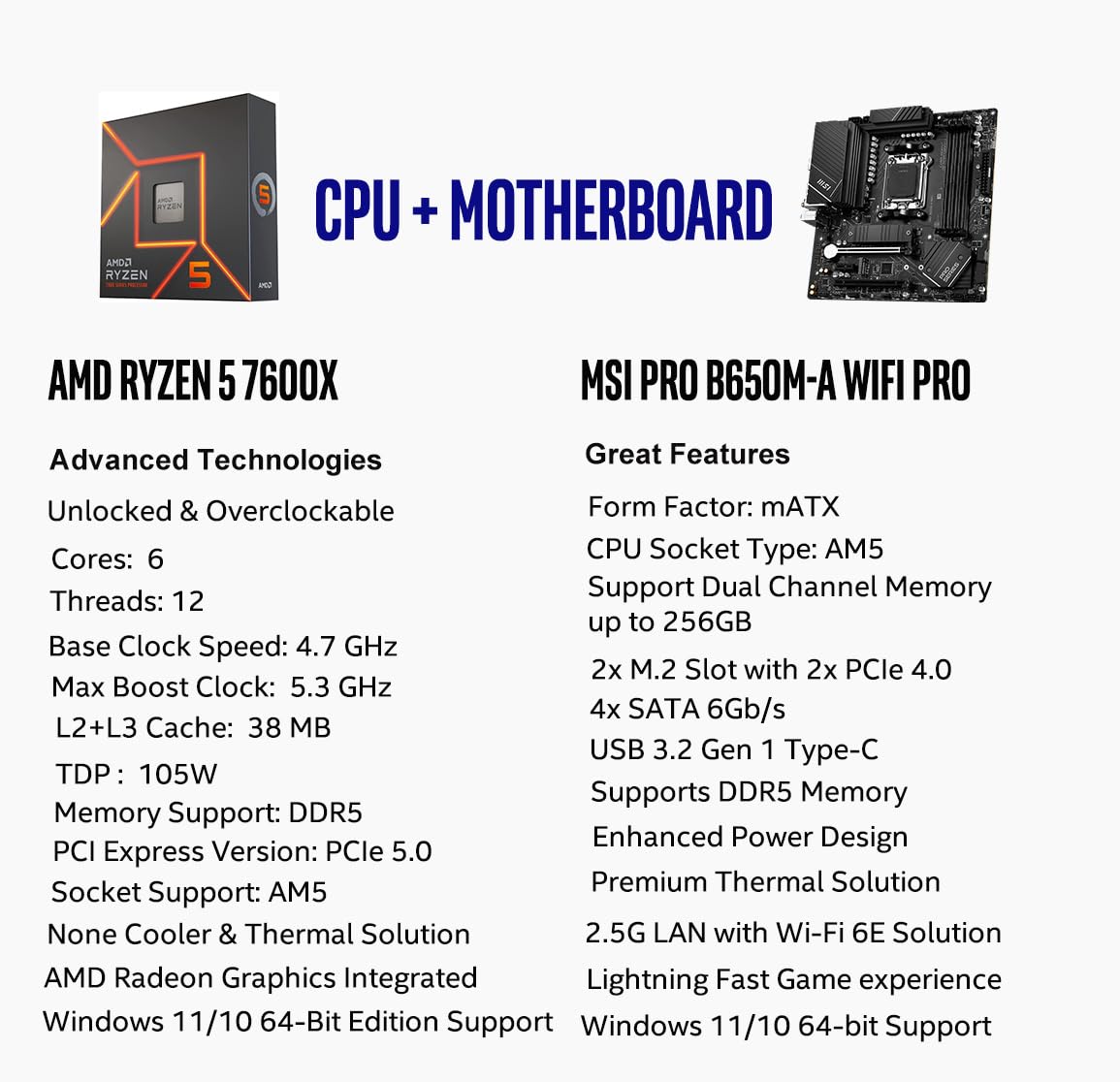 Procesador de escritorio desbloqueado AMD Ryzen 7 7700X de 8 núcleos y 16 subprocesos AM5 de 5,4 GHz con placa base MSI PRO B650-P WiFi ProSeries (AMD AM5, ATX, DDR5, PCIe 4.0) INLAND Micro Center 