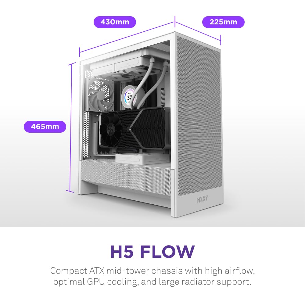 NZXT H5 Flow Compact ATX Mid-Tower PC Gaming Case – High Airflow Perforated Tempered Glass Front/Side Panel – Cable Management – 2 x 120mm Fans Included – 280mm Radiator Support – Black