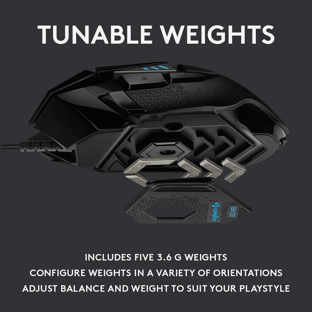 Logitech G502 HERO High Performance Wired Gaming Mouse, HERO 25K Sensor, 25,600 DPI, RGB, Adjustable Weights, 11 Programmable Buttons, On-Board Memory, PC / Mac