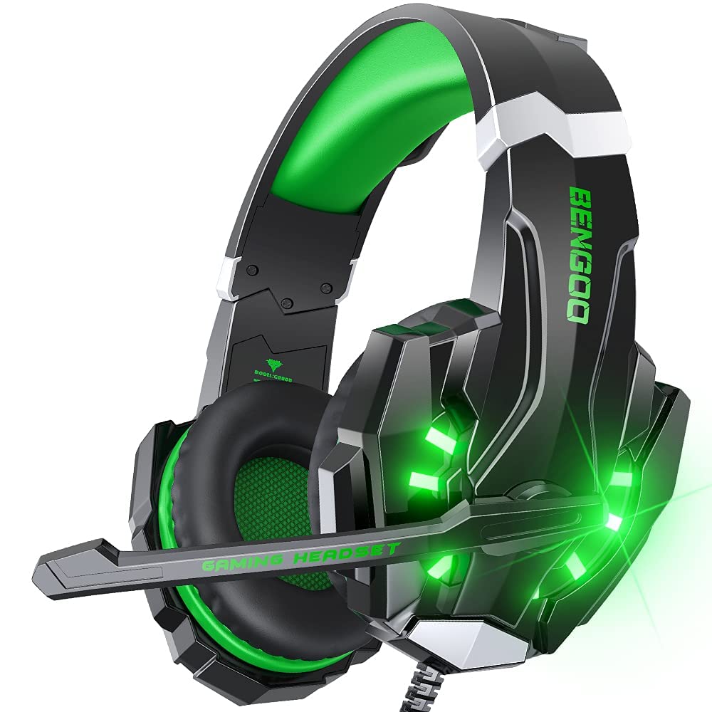 Auriculares estéreo para juegos BENGOO G9000 para PS4, PC, Xbox One, controlador PS5, auriculares con cancelación de ruido y micrófono, luz LED, graves envolventes, orejeras suaves con memoria (azul) 