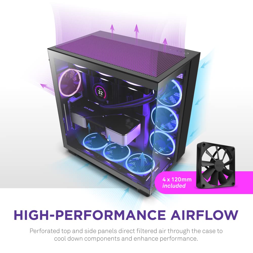 NZXT H9 Flow Dual-Chamber ATX Mid-Tower PC Gaming Case – High-Airflow Perforated Top Panel – Tempered Glass Front & Side Panels – 360mm Radiator Support – Cable Management – Black