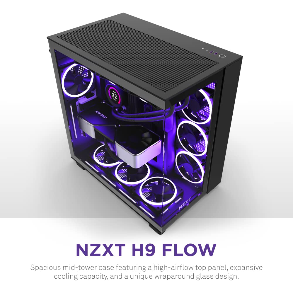 NZXT H9 Flow Dual-Chamber ATX Mid-Tower PC Gaming Case – High-Airflow Perforated Top Panel – Tempered Glass Front & Side Panels – 360mm Radiator Support – Cable Management – Black