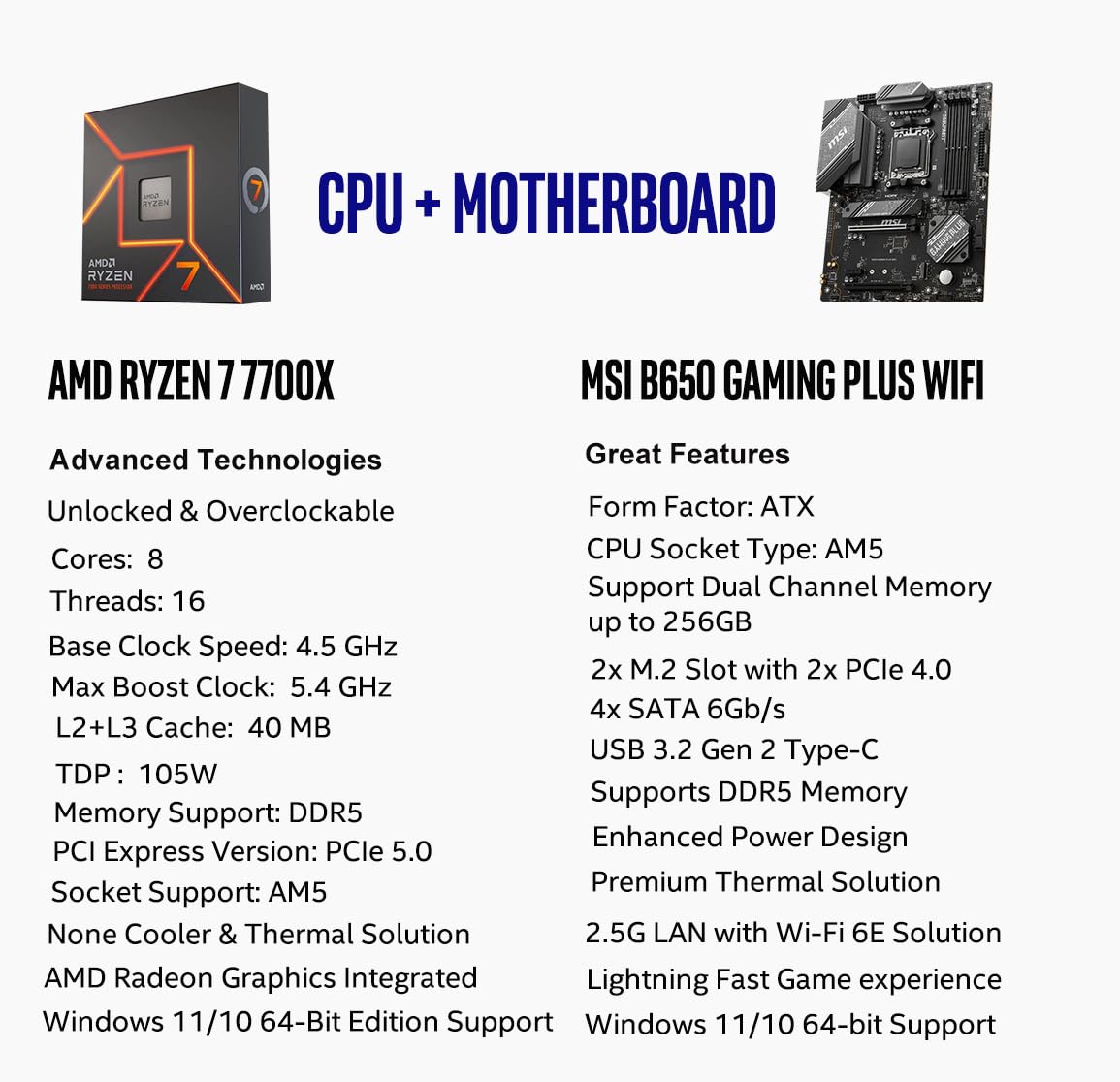 Procesador de escritorio desbloqueado AMD Ryzen 7 7700X de 8 núcleos y 16 subprocesos AM5 de 5,4 GHz con placa base MSI PRO B650-P WiFi ProSeries (AMD AM5, ATX, DDR5, PCIe 4.0) INLAND Micro Center 