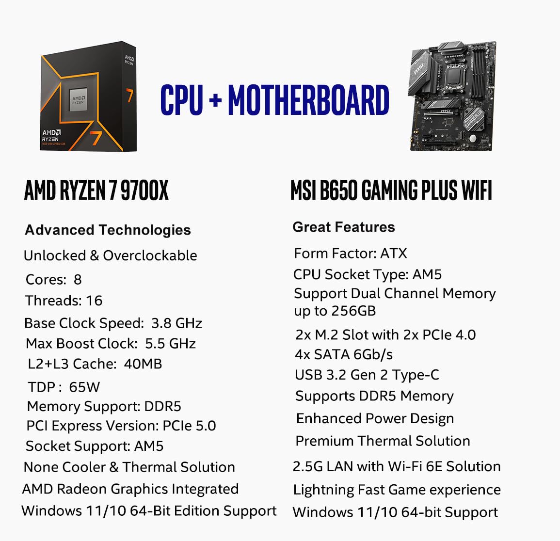 Procesador de escritorio desbloqueado Micro Center AMD Ryzen 7 9700X de 8 núcleos y 16 subprocesos con placa base para juegos MAG B650 Tomahawk WiFi AM5 DDR5 