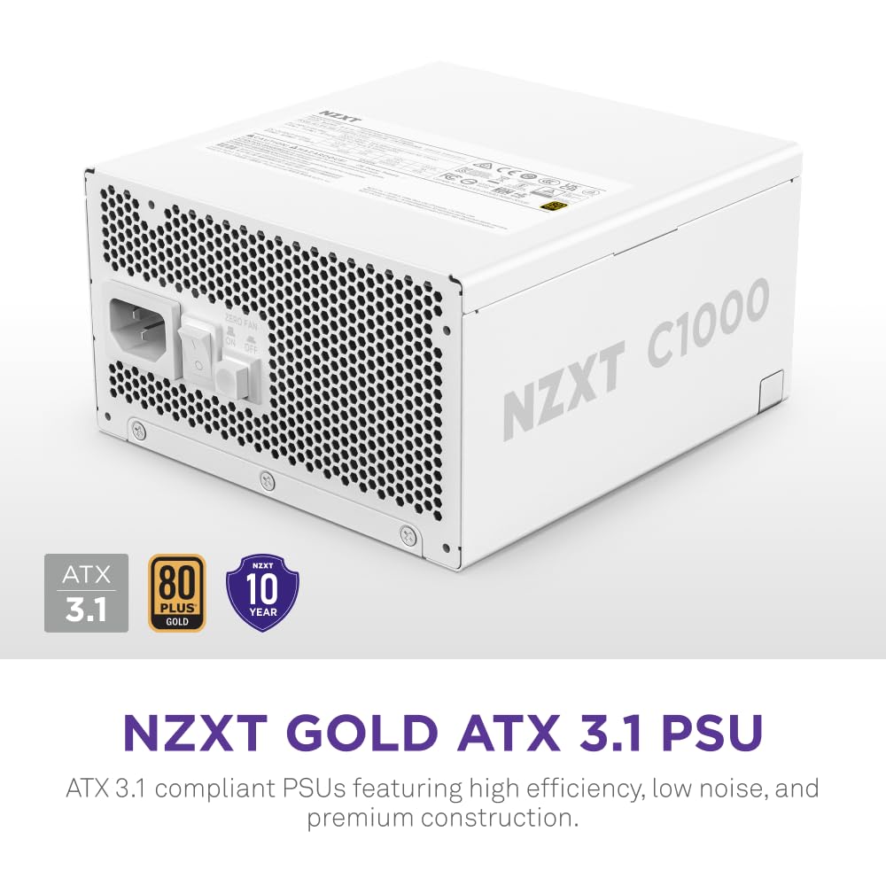 NZXT C1000 Gold ATX 3.1 - Fully Modular Low-Noise PC Gaming Power Supply - 1000 Watts - 80 Plus Gold - 12V-2x6 Connector - Zero Fan Mode - 100% Japanese Capacitors - Black