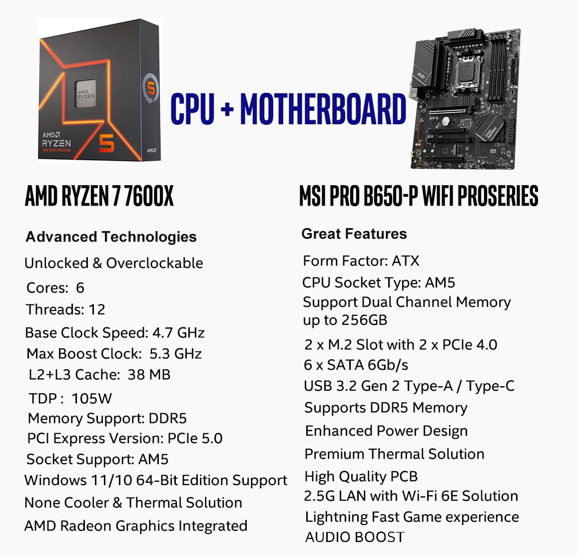 Procesador de escritorio desbloqueado AMD Ryzen 7 7700X de 8 núcleos y 16 subprocesos AM5 de 5,4 GHz con placa base MSI PRO B650-P WiFi ProSeries (AMD AM5, ATX, DDR5, PCIe 4.0) INLAND Micro Center 