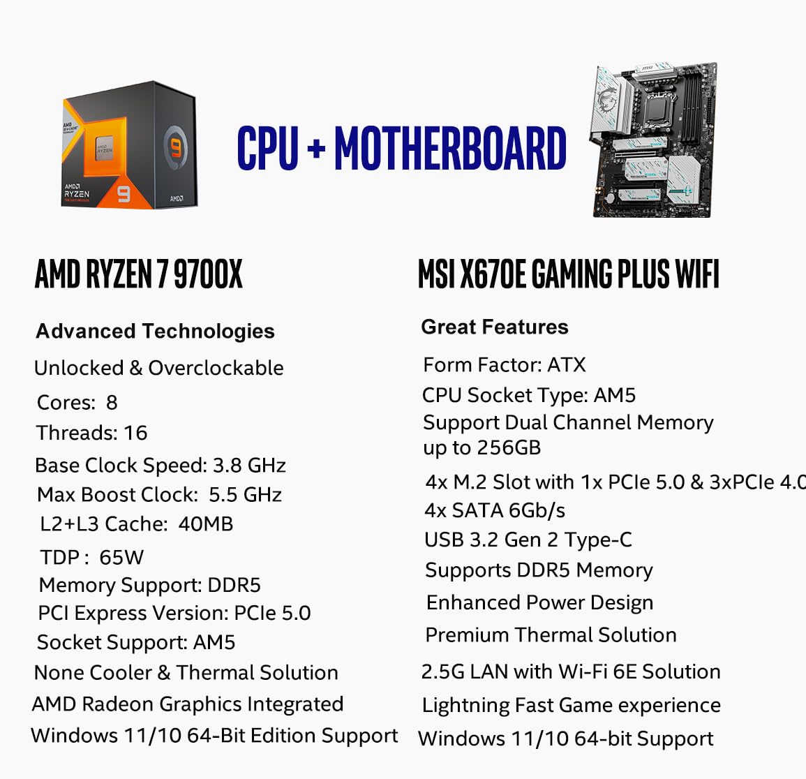 Procesador de escritorio desbloqueado Micro Center AMD Ryzen 7 9700X de 8 núcleos y 16 subprocesos con placa base para juegos MAG B650 Tomahawk WiFi AM5 DDR5 