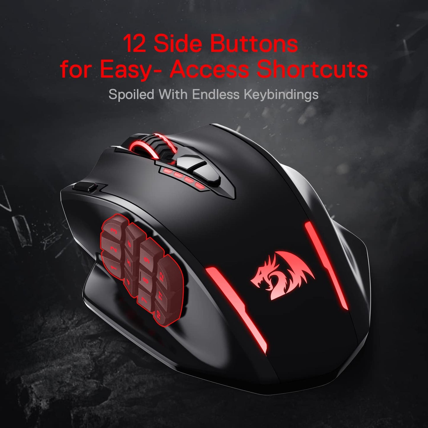 Redragon M908 Impact RGB LED MMO Gaming Mouse with 12 Side Buttons, Optical Wired Ergonomic Mouse with Max 12,400DPI, High Precision, 18 Programmable Macro Shortcuts, Comfort Grip