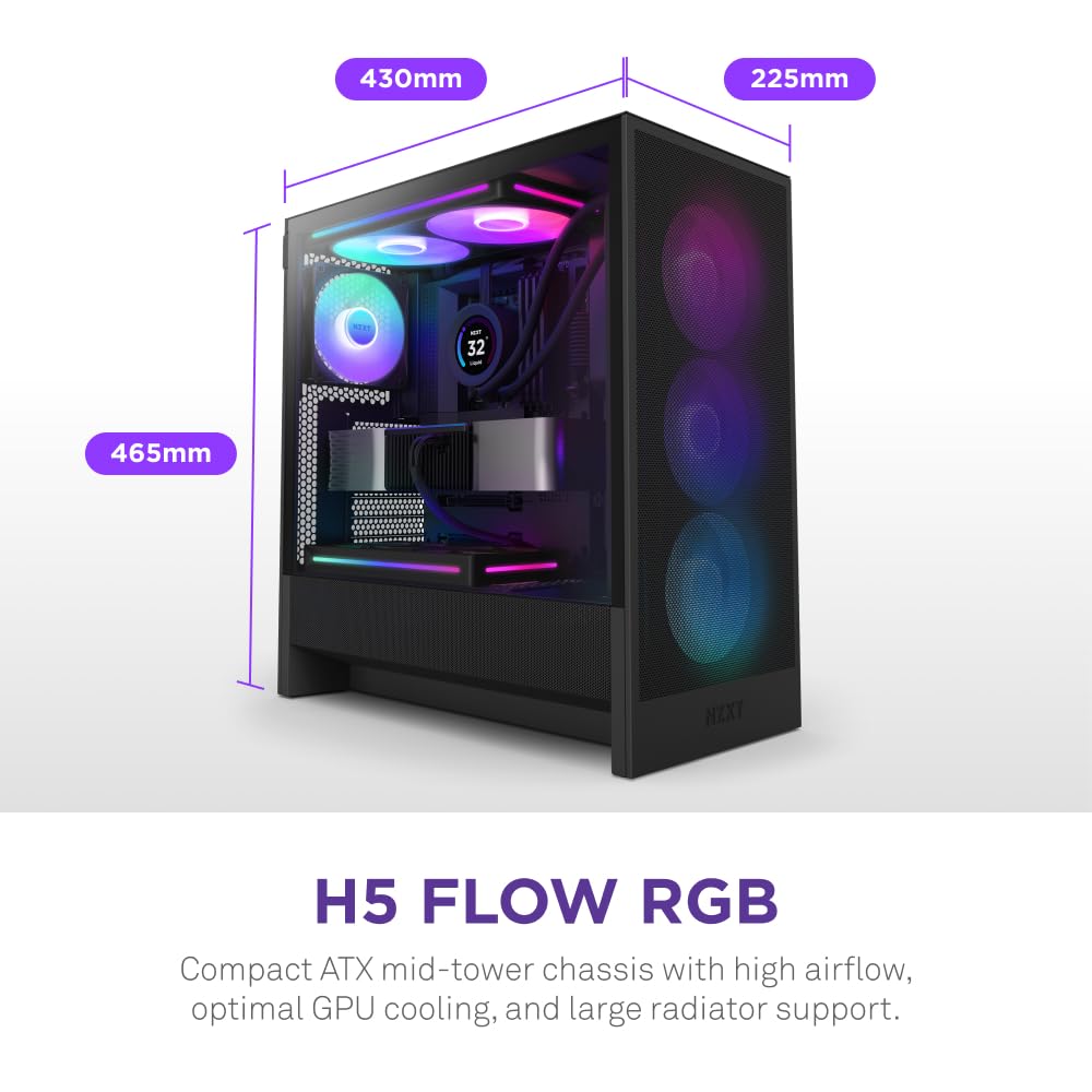 NZXT H5 Flow Compact ATX Mid-Tower PC Gaming Case – High Airflow Perforated Tempered Glass Front/Side Panel – Cable Management – 2 x 120mm Fans Included – 280mm Radiator Support – Black