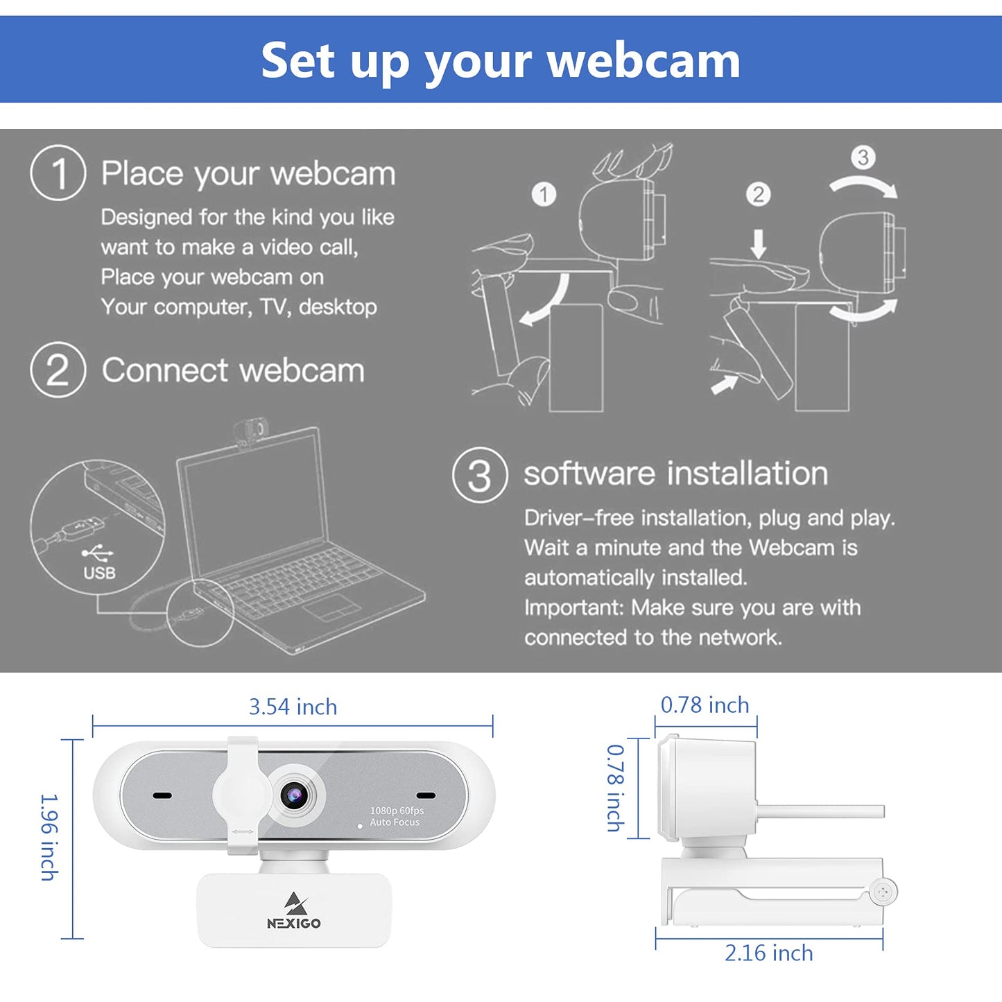 NexiGo N60 1080P Webcam with Microphone, Adjustable FOV, Zoom, Software Control & Privacy Cover, USB HD Computer Web Camera, Plug and Play, for Zoom/Skype/Teams, Conferencing and Video Calling