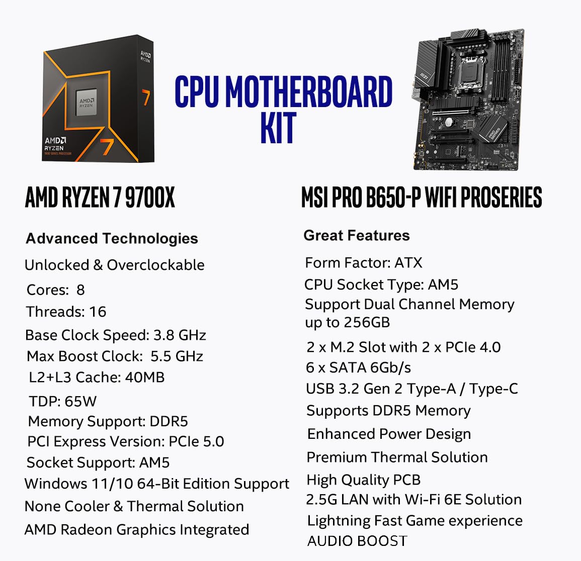 Procesador de escritorio desbloqueado Micro Center AMD Ryzen 7 9700X de 8 núcleos y 16 subprocesos con placa base para juegos MAG B650 Tomahawk WiFi AM5 DDR5 