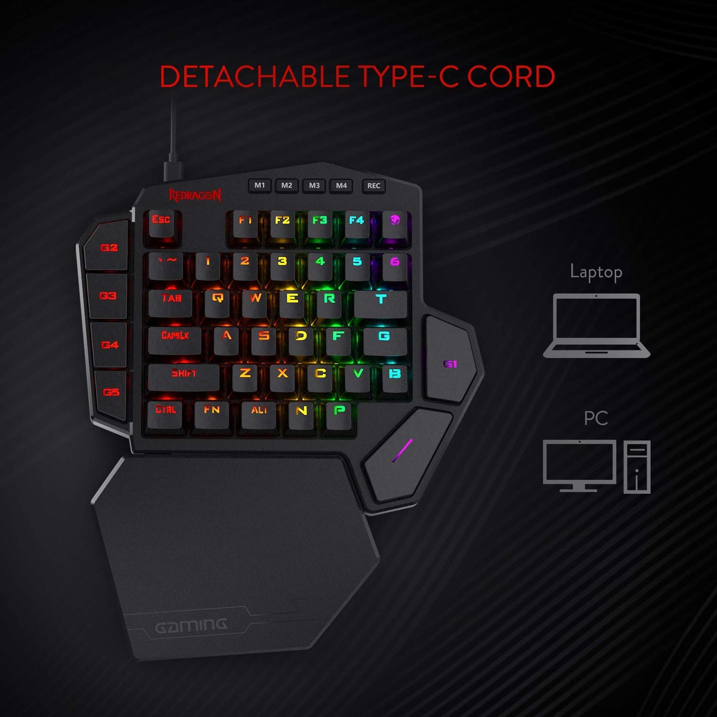 Teclado mecánico para juegos con cable RGB de una mano Redragon K585 DITI, teclado para juegos profesional tipo C de 42 teclas con conector intercambiable en caliente mejorado, 7 teclas macro integradas y reposamuñecas desmontable 