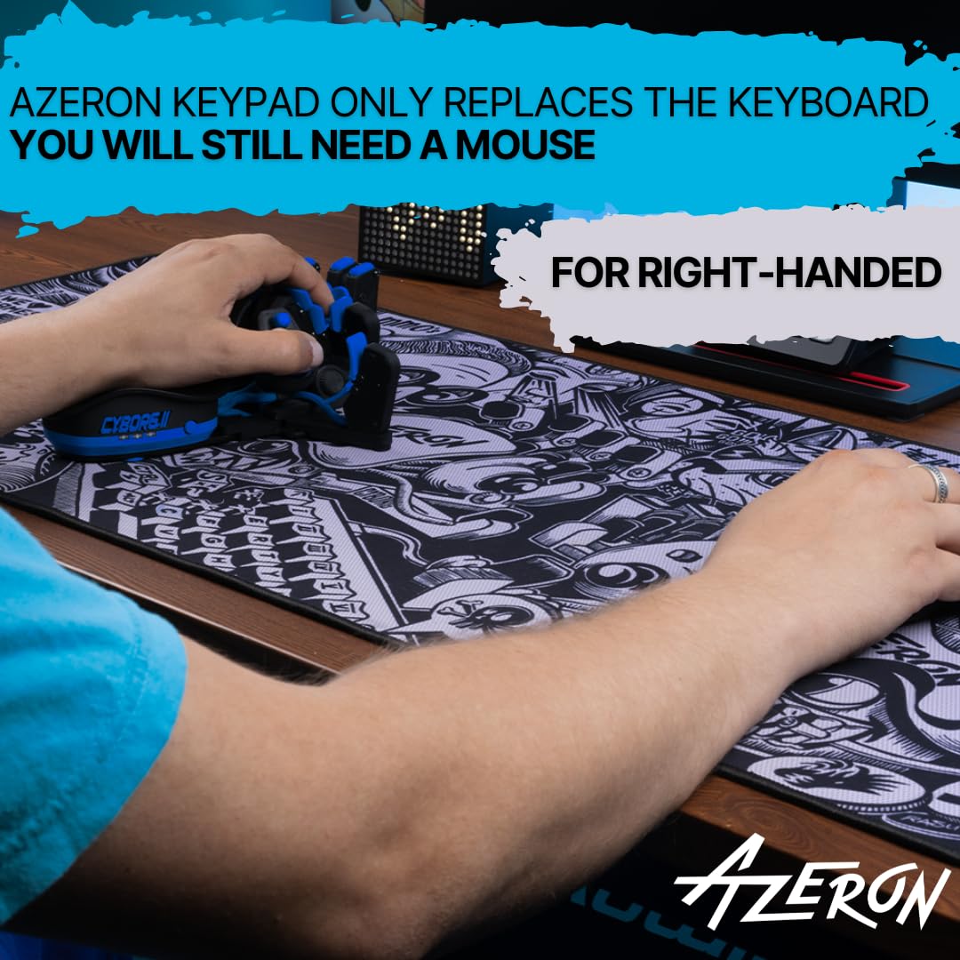 AZERON Gaming Keypad – Programmable One Handed Gaming Keyboard for PC Gaming, Hall effect Joystick and 30 Programmable Keys, 3D Printed Keypad for Righties (Blue, Cyborg II)