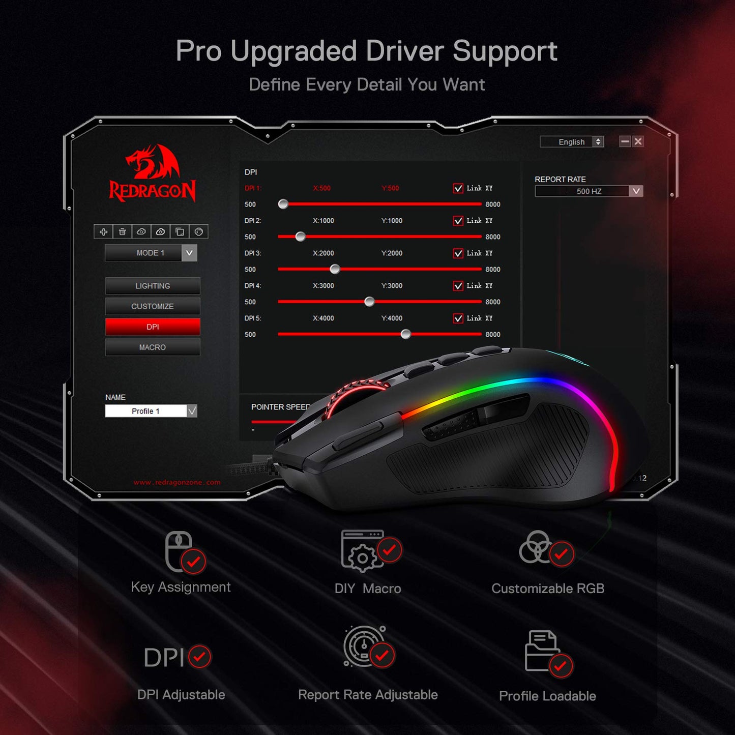 Redragon M612 Predator RGB Gaming Mouse, 8000 DPI Wired Optical Mouse with 11 Programmable Buttons & 5 Backlit Modes, Software Supports DIY Keybinds Rapid Fire Button